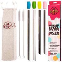 BOBA FIDE Stainless Steel Boba & Smoothie Straws + Safety Silicone Tips & Brushes in 2 Travel Cases, Angled Tip Extra Wide Bubble Tea Milkshake Straws, 4 Reusable Metal Straws in 2 Sizes for Family