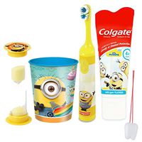 Despicable Me Minions 4pc Bright Smile Oral Hygiene Set! Spin Toothbrush, Toothpaste, Brushing Timer & Mouthwash Rinse Cup! Plus"Remember to Brush" Visual Aid!