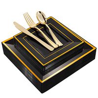 WDF 125Pieces Black Square Plastic Plates with Gold Rim &Gold Disposable Cutlery/Silverware- Plastic Dinnerware include 25&9.5inch Dinner Plates,25&7inch Dessert Plates,25 Forks, 25 Knives, 25 Spoons