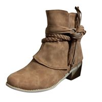 Kauneus Womens Vintage Roman Ankle Boot Weave Lace Up Round Toe Classic Short Boot Chunky Mid Heel Solid Fashion Boots Brown