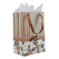 Dahlia Stripes and Simple Flowers Pattern Satin Bowtie Handle Gift Bag with Tissue Paper - Brown