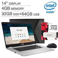 Latest_ASUS 14.0" FHD Chromebook Laptop,Intel Celeron N3350 Processor,4GB LPDDR4 RAM, 32GB SSD+ 64GB External Storage, Webcam, WiFi+ Bluetooth, HDMI, Chrome OS
