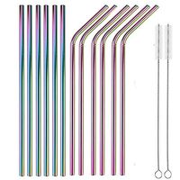 LIFNY Stainless Steel Straws Metal Resuable Drinking Straw 12pcs Rainbow 6 Straight & 6 Bend Straws 10.5" Extra Long Metal Straws for 30/20oz Tumblers Beverage Mason Jar with 2 Brushes