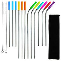 Youngever Stainless Steel Straws with Silicone Tips, 12 Pack, 10.5 Inch and 8.5 Inch FDA-Approved Reusable Drinking Straws for 20 30 Ounce Tumblers Cups Mugs, with Food-Grade Silicone Tips and Brush