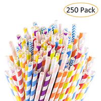 Sangabery 250-Pack Biodegradable Paper Straws - 10 Different Colors Rainbow Stripe Paper Drinking Straws - Bulk Paper Straws for Juices, Shakes, Smoothies (Paper Straws)