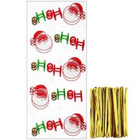 Tantuo 100 Pieces Christmas Cellophane Bags Treat Gift Bags Goodies Candy Bags Santa Patterns Cello Bags with 150 Pieces Twist Ties for Party Supplies (Style 1)