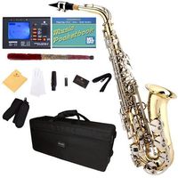 Mendini by Cecilio MAS-LN+92D+PB Gold Lacquer and Nickel Plated Keys E Flat Alto Saxophone with Tuner, Case, Mouthpiece, 10 Reeds and More