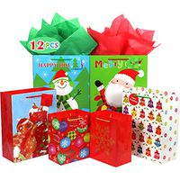 Fzopo Christmas Gift Bags Bulk Set Includes 4 Extra Large 4 Large 4 Medium with Tags and Handles Christmas Print Gift Bags Assorted Sizes for Wrapping Holiday Gifts (Pack of 12)