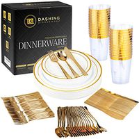 Gold Plastic Plates for Parties -(150 Piece Set), Elegant Disposable Plastic Silverware, Plastic Plates for Wedding, Plastic Dinnerware Set, Heavy Duty Gold Party Plates Forks Spoons Knives Cups Set