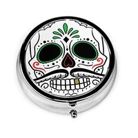 Pill Box Day of The Dead  Round Pill Case Daily Metal Silver Medicine Tablet Holder Organizer Carry Cases for Purse Pocket Travel Vitamin,Small 2 inch,3 Compartment