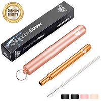 Reusable Straws Metal Collapsible Straw - Stainless Steel Straws Drinking Travel Straw, Foldable Reuseble Reuseable Portable Colapsable, Collapsable Pack With Case and Cleaning Brush - Rose Gold