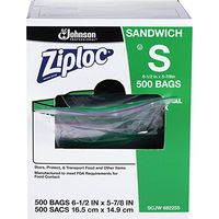 Ziploc 682255 Resealable Sandwich Bags, 1.2mil, 6 1/2 x 6, Clear, 500/Box