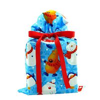 North Pole Buddies Reusable Christmas Gift Bag - Santa, Snowman, Reindeer on Blue Fabric (Standard 10 Inches Wide by 15 Inches High)