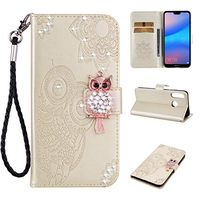 Strap Diamond Wallet Case for Huawei P30 Lite,Aoucase Luxury 3D Owl Bling Gems Magnetic Cute Mandala Print PU Leather Soft TPU Stand Flip Case with Black Dual-use Pen - Gold