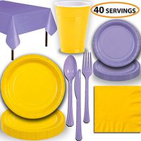 Disposable Party Supplies, Serves 40 - Yellow and Lavender - Large and Small Paper Plates, 12 oz Plastic Cups, Heavyweight Cutlery, Napkins, and Tablecloths. Full Two-Tone Tableware Set