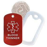 Blood Thinner Medical Alert ID Necklace with Red Tag, White Silencer, and 30'' USA Chain - 154 Color Choices