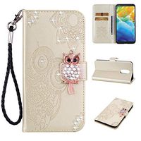 Cfrau Diamond Kickstand Case with Black Stylus for LG Stylo 4/LG Q Stylus,Luxury Embossed Crystal 3D Owl Flower Bling Glitter Wallet PU Leather Shockproof Soft TPU Wrist String Case - Gold
