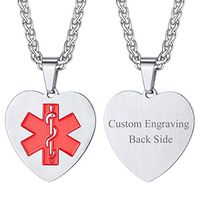 Heart Caduceus Medical Alert Necklace EMC Jewelry Personalized Medic Message Engrave Stainless Steel Tag for Diabetes/Epilepsy/Allergies/Heart Disease/Pacemaker