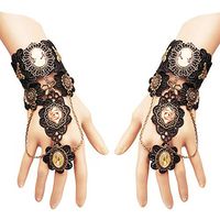 Daimay Bronzing Fingerless Gloves Gothic Floral Lace Steampunk Wristband Ring Vintage Beaded Gloves Bridal Bracelet Ring Set - 1 Pair –Portrait Style