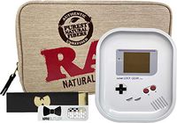 Raw “Large” Smell Proof Pouch, Wu-Tang Rolling Papers, Leaf Lock Gear Mini Rolling Tray (Portable Game), with Hippie Butler Grinder Card - 4 Item Bundle
