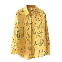 Meikosks Womens Blouses Cat Print Shirt Korean Tops Long Sleeve Tunic Loose Casual Button Cardigan Yellow