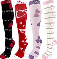 4 Pair Large/X-Large Extra Soft Premium Quality Colorful Moderate Graduated Compression Socks 15-20 mmHg. Nurses, Running, Travel, Knee-High, Mens & Womens Comfort Blend. Romantic Heart Designs