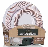 Laura Stein Designer Dinnerware Set of 40 Premium Plastic Wedding/Party Plates: White, Rose Gold Rim. Set Includes 20 10.75" Dinner Plates & 20 7.5” Salad Plates | Curve Series