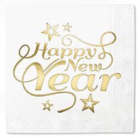 Happy New Year Star Pack 100 Napkins Gold Foil Cocktail - 5x5 Inches - 2 ply Party Supplies Disposable