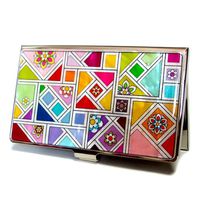 Antique Alive Mother of Pearl Yellow Green Red Colorful Patchwork Design Business Credit Card Holder Wallet (B108)