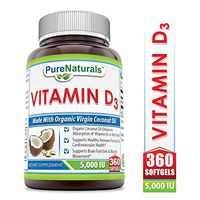 Pure Naturals Vitamin D3 5000 IU 360 Softgels – Organic Coconut Oil Enhance Absorption of Vitamin D3 in The Body* Supports Healthy Immune Function Cardiovacular Health*Support Brain Function& Muscle