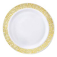 BalsaCircle 20 pcs 9-Inch White with Gold Trim Plastic Round Plates - Disposable Wedding Party Catering Tableware