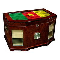 Large Premium Desktop Humidor - Glass Top - Flag of Cameroon (Cameroonian) - Wood Design - 300 Cigar Capacity - Cedar Lined with Two humidifiers & Large Front Mounted Hygrometer.