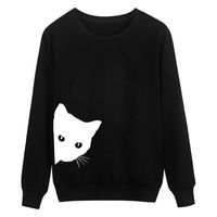 Women's Cat Print Lightweight Sweatshirt Girl Crewneck Long Sleeve Casual Pullover Tops Shirt D-Black