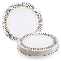 Elegant Disposable Plastic Dessert Plates 120 Pcs - Heavy Duty Round White with Blue & Gold Appetizer Salad Cake Plates - Reusable Bulk Party Supplies For Wedding, Easter, Birthday & All Occasions