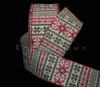 5 Yards Xmas Red Green Country Knit Cross Stitch Pattern Wired Ribbon 2 1/2