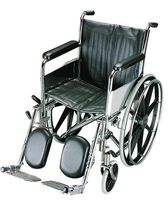 Wheel Chair - Folding wheel chair with detachable elevating swing away legs, heel loop and 24" mag wheels with solid tires. Black leatherette seat upholstery. Available in 18" wide.