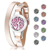 Alaxy Essential Oils Diffuser Bracelet Leather Band, Carving Round Stainless Steel Aromatherapy Locket Bracelets Leather Band with 10 Color Pads, Gifts for Women (Tree of Heart)