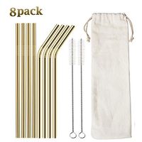 Reusable Stainless Steel Straws, Set of 8 Gold Metal Reusable Drinking Straws Fit Tumbler Cups 20oz Yeti RTIC Ozark (4 Straight Straws+ 4 Bent Straw+ 2 Cleaning Brushes+ Carry Bag)