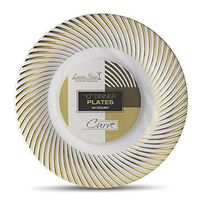 [10 Count - 10 Inch Plates] Laura Stein Designer Tableware Premium Heavyweight Plastic White Dinner Plates With Gold Border, Party & Wedding Plate, Classic Series, Disposable Dishes