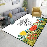 Floral Gingham Bath Mat 3D Digital Printing Mat, Hand Written Style Thank You Quote Above Botanic Big Slowers and Leaves Artwork, Easy Maintenance Area Rug Living Room Bedroom Carpet(2.5'x 7')