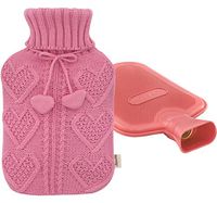 Premium Classic Rubber Hot Water Bottle and Heart Knit Cover (Pink)