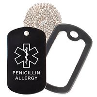 Penicillin Allergy Medical Alert ID Necklace with Black Tag, Black Silencer, and 30'' USA Chain - 154 Color Choices