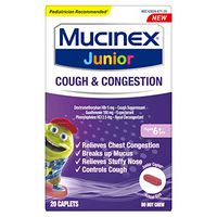 Nasal Decongestant, Cough Suppressant & Expectorant, Mucinex Junior Cough & Congestion Caplets, 20ct, Ages 6+ years, Thins & Loosens Mucus & Relieves Chest Congestion, Cough & Stuffy Nose by Mucinex