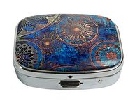 LCTCKP Custom Fashion Square Glass Silver Pill Case Decorative Metal Western Medicine Tablet Container Box (Circles Floral Ornament in Blue)