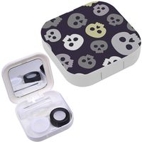Portable Contact Lens Case Box Travel Kit Mirror + Bottle + Tweezers Container Holder [ Human Skulls ]