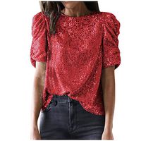 Sunhusing Ladies Stylish Personality Glitter Patchwork Solid Color Casual O-Neck Short Sleeve T-Shirt Tops(Red,2XL)