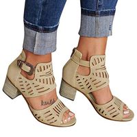 Cenglings Women Casual Peep Toe Hollow Out High Chunky Heel Pumps Solid Buckle Ankle Strap Shoes Dress Strappy Sandals Khaki