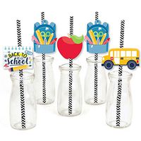 Big Dot of Happiness Back to School - Paper Straw Decor - First Day of School Classroom Striped Decorative Straws - Set of 24