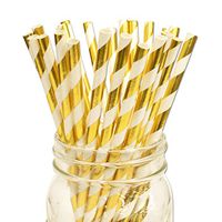 SSORA Biodegradable Disposable Paper Drinking Straws Metallic Gold Striped for Birthday Party Decorations Pack of 100