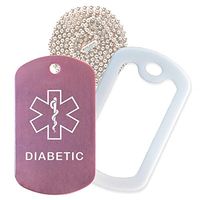 Diabetic Medical Alert ID Necklace with Pink Tag, White Silencer, and 30'' USA Chain - 154 Color Choices